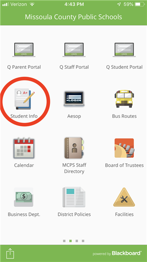 Missoula Mobile App screen shot with a red circle around the Student Info Button 